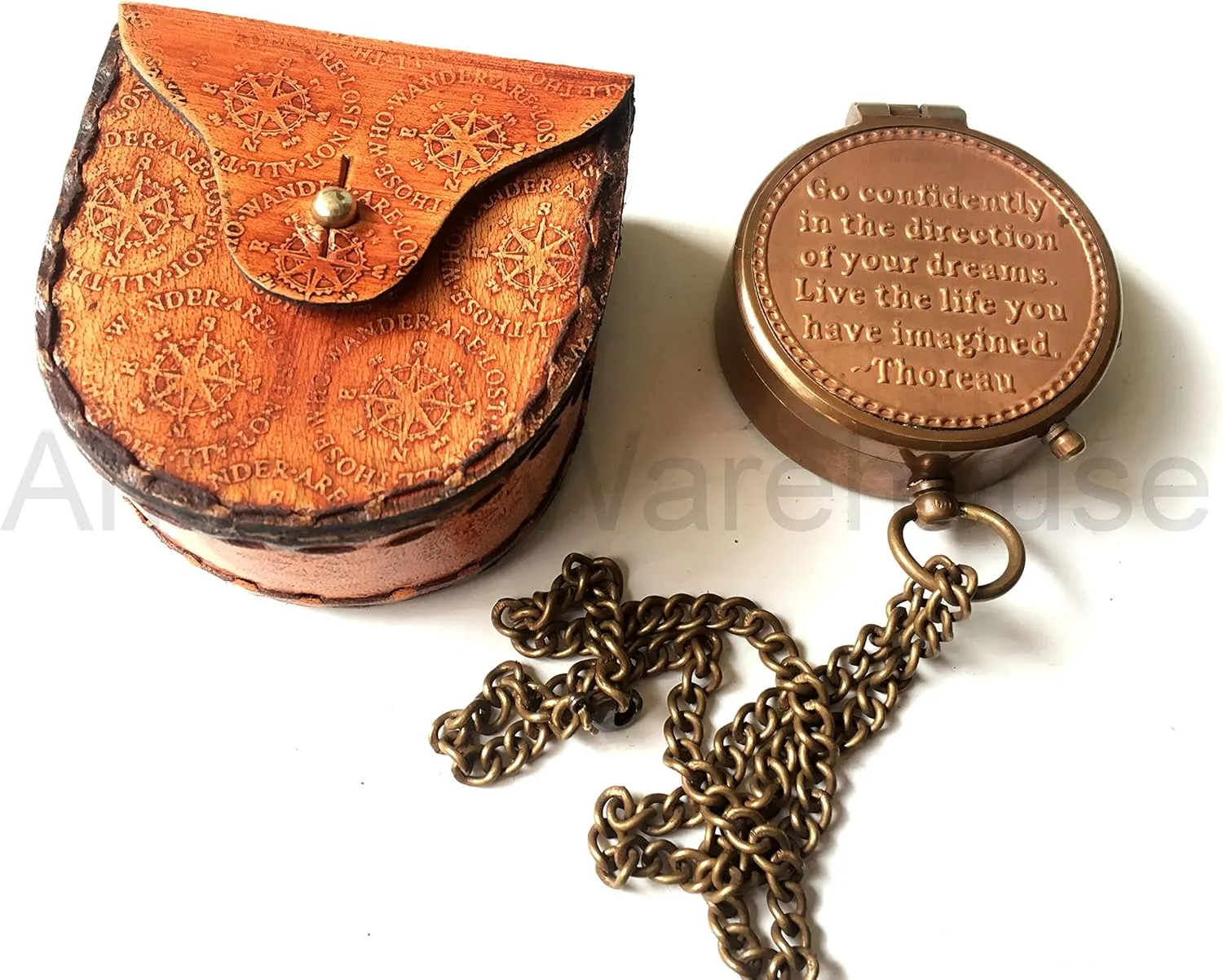 Handmade Engraved Copper Dial Go Confidently in, Compass Nautical Tool Directional Magnetic Pocket Compass Gift for Marine Lover Compass with Leather Case & 14" Inch Chain