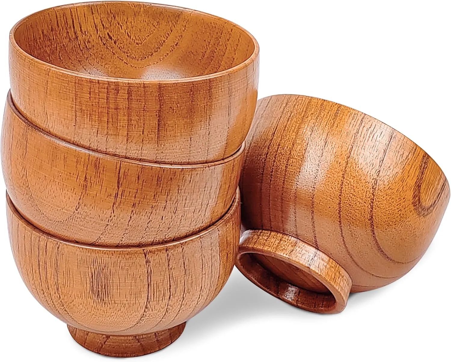 Handmade Wood Bowls, Jujube Wooden Japanese Bowl for Rice, Soup, Dip, Salad, Tea, Decoration 4 Sets (4 Bowls 4.6 IN)