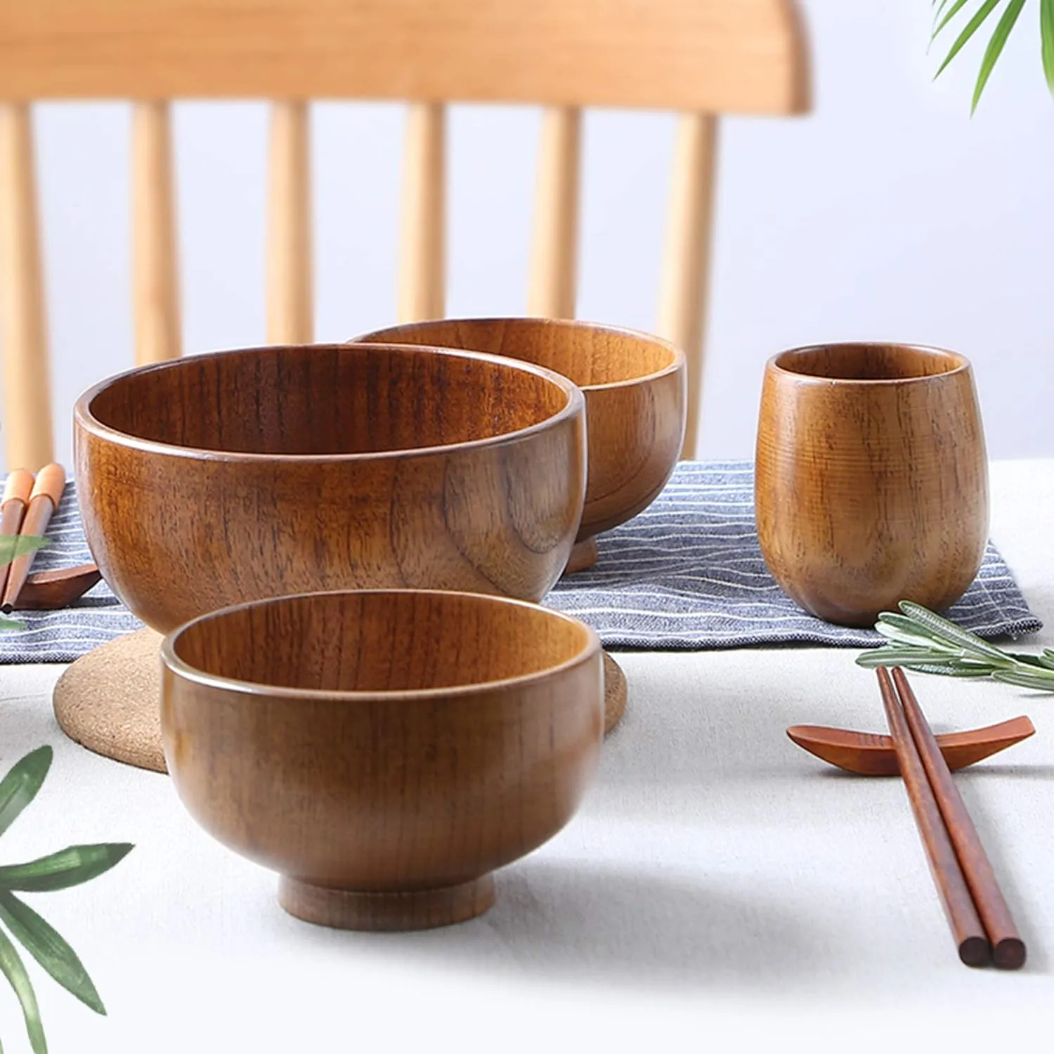 Handmade Wood Bowls, Jujube Wooden Japanese Bowl for Rice, Soup, Dip, Salad, Tea, Decoration 4 Sets (4 Bowls 4.6 IN)