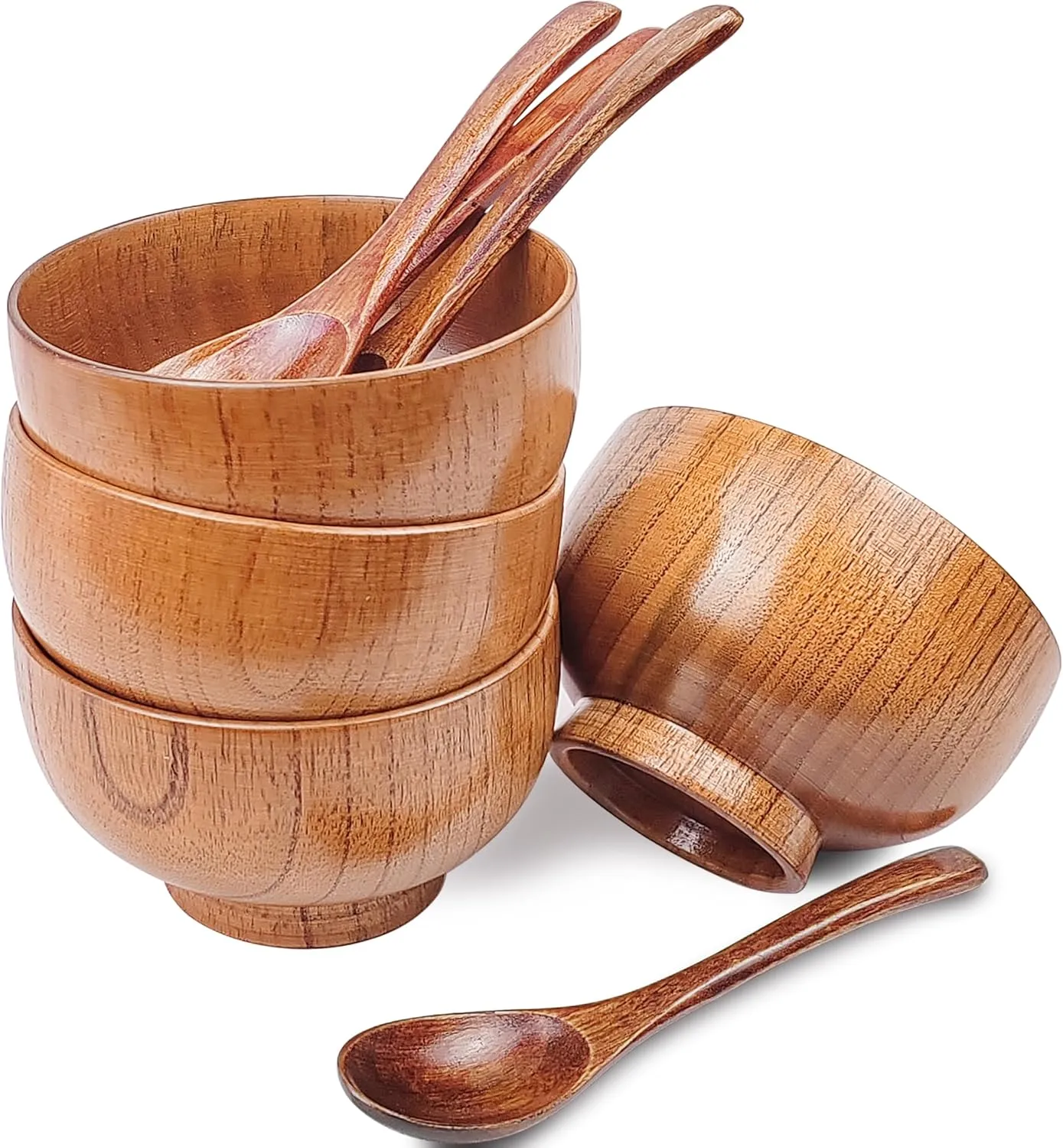 Handmade Wood Bowls, Jujube Wooden Japanese Bowl with Matching Spoon for Rice, Soup, Dip, Salad, Tea, Decoration 4 Sets (4 Bowls 3.8 IN   4 Spoons)