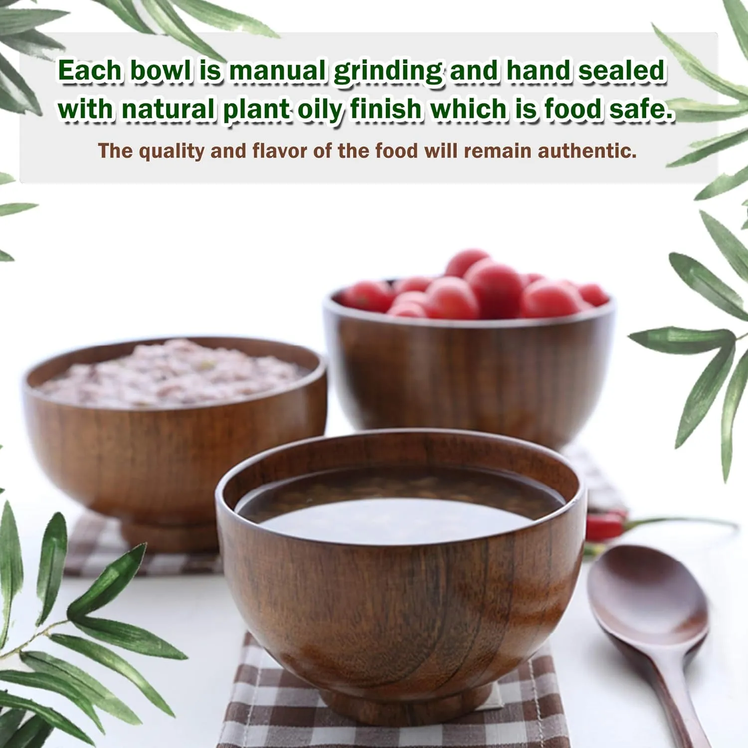 Handmade Wood Bowls, Jujube Wooden Japanese Bowl with Matching Spoon for Rice, Soup, Dip, Salad, Tea, Decoration 4 Sets (4 Bowls 3.8 IN   4 Spoons)
