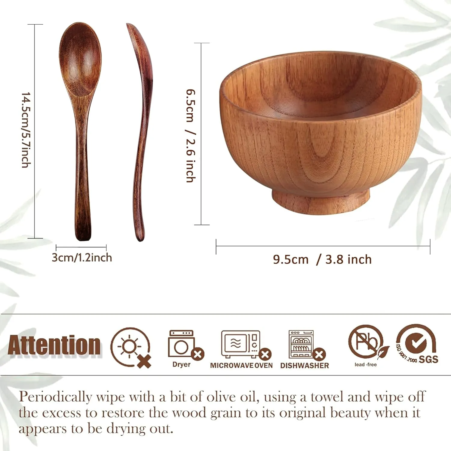 Handmade Wood Bowls, Jujube Wooden Japanese Bowl with Matching Spoon for Rice, Soup, Dip, Salad, Tea, Decoration 4 Sets (4 Bowls 3.8 IN   4 Spoons)