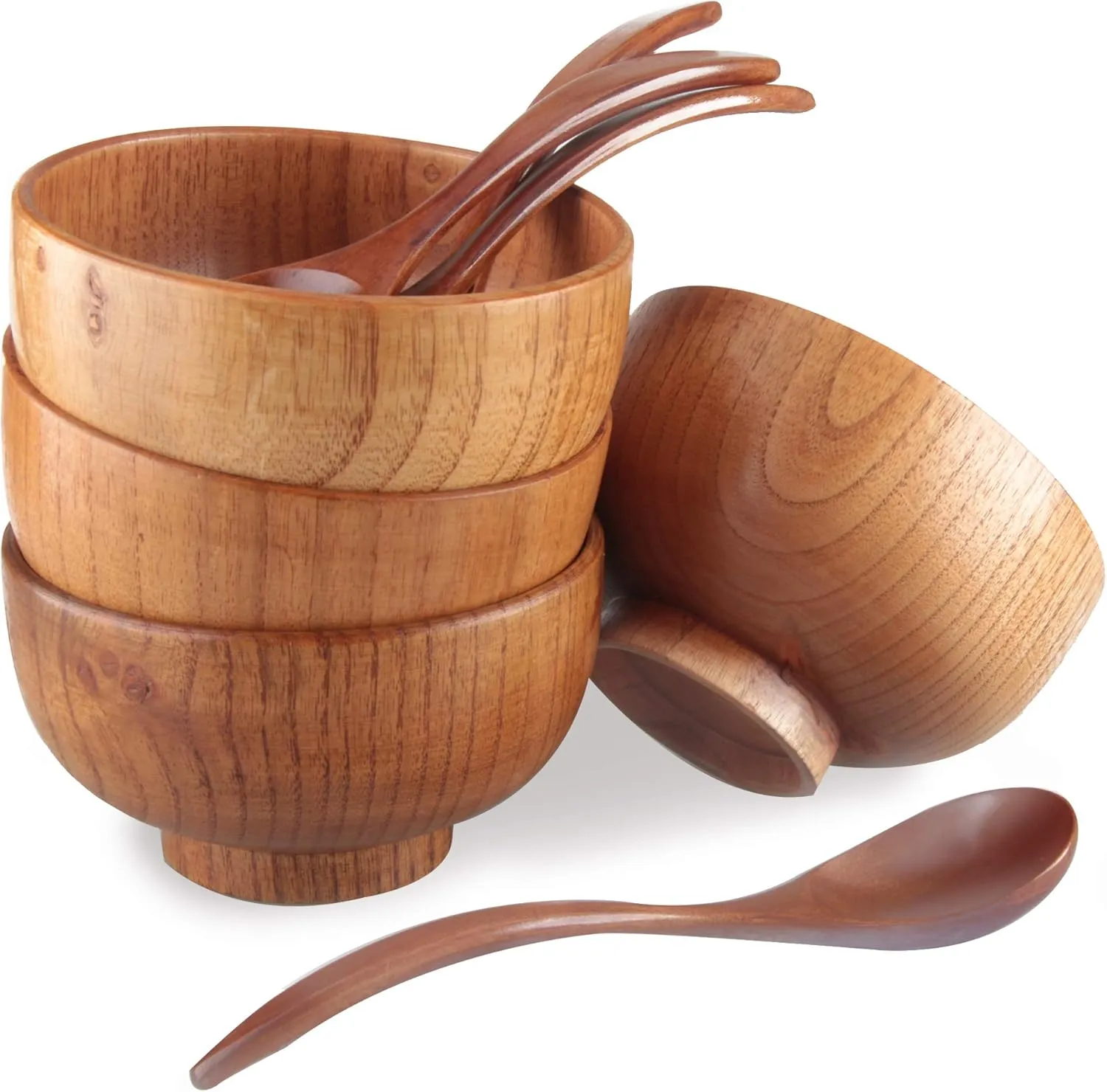 Handmade Wood Bowls, Jujube Wooden Japanese Bowl with Matching Spoon for Rice, Soup, Dip, Salad, Tea, Decoration 4 Sets (4 Bowls 4.2 IN   4 Spoons)