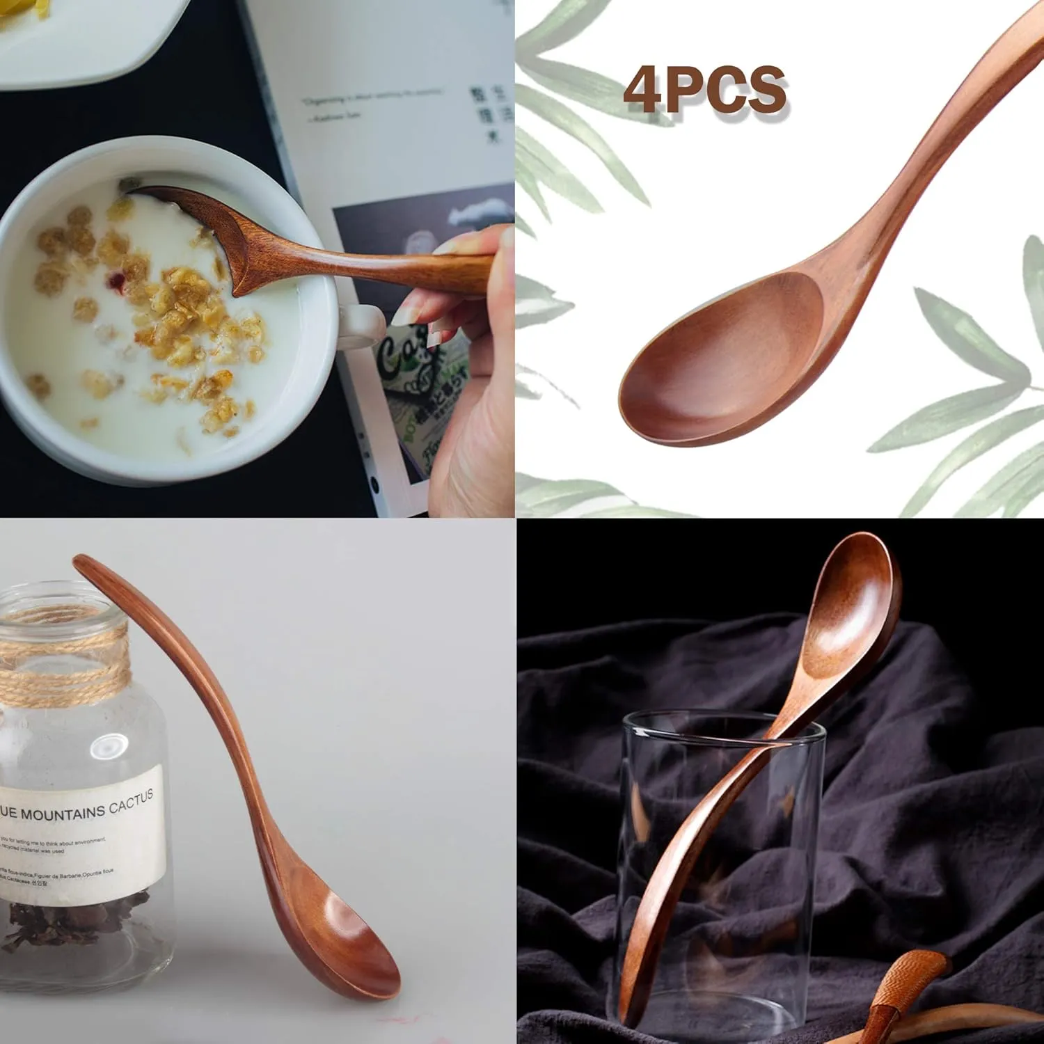 Handmade Wood Bowls, Jujube Wooden Japanese Bowl with Matching Spoon for Rice, Soup, Dip, Salad, Tea, Decoration 4 Sets (4 Bowls 4.2 IN   4 Spoons)