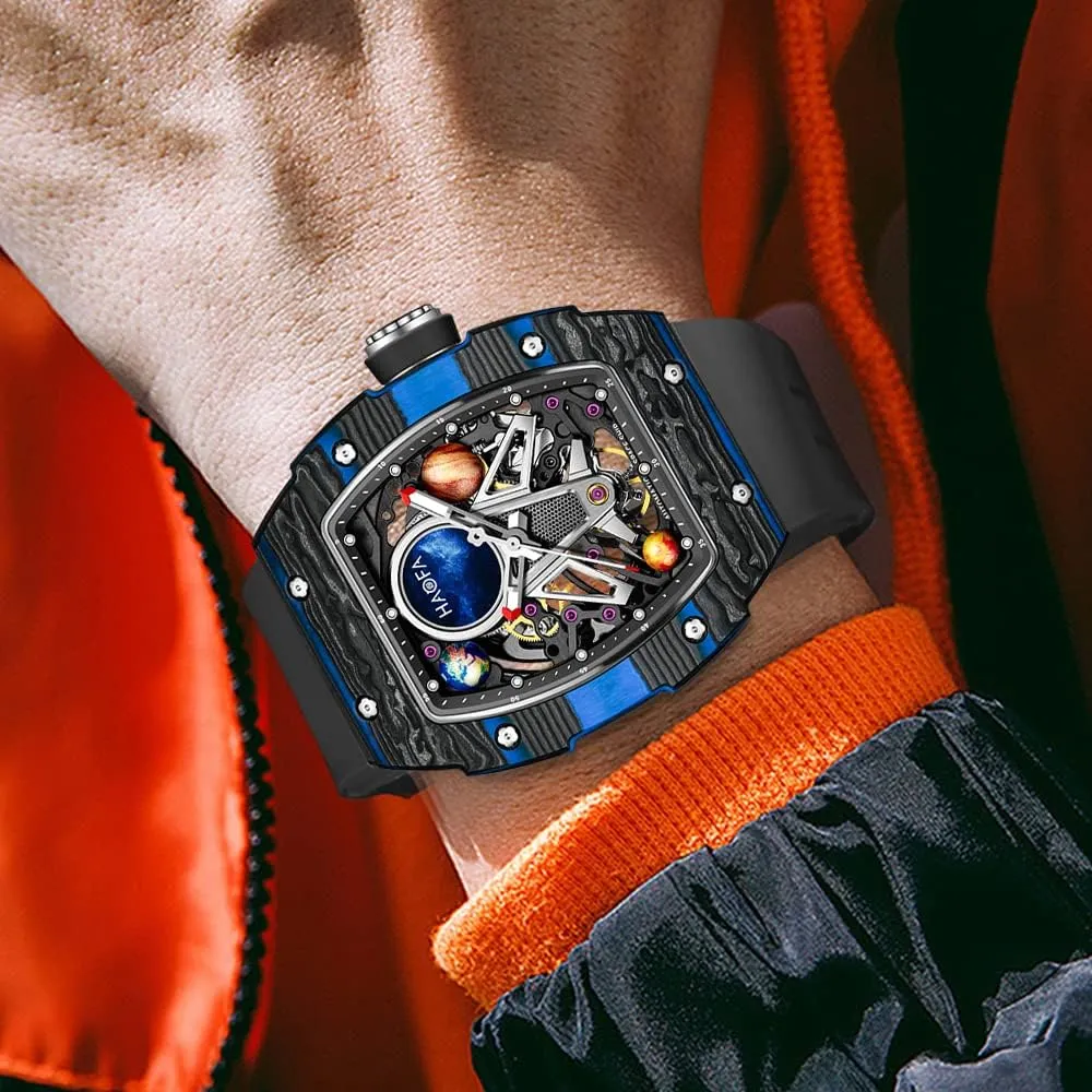 Haofa Automatic Mechanical Watch for Men - 3D Planet Interstellar Hollow Design, Carbon Fiber Bezel, Sapphire, Waterproof, Luminous - Business Casual Mens Timepiece 1971