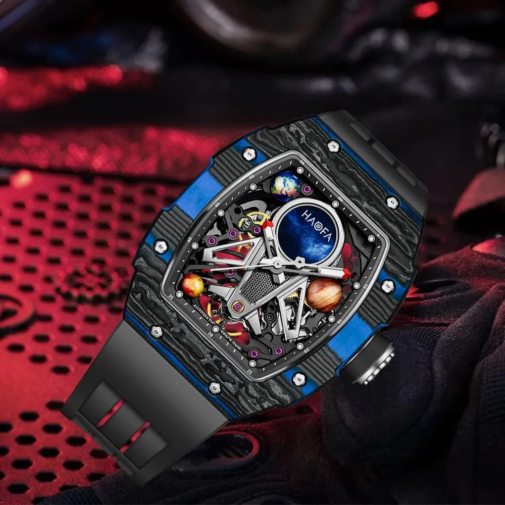 Haofa Automatic Mechanical Watch for Men - 3D Planet Interstellar Hollow Design, Carbon Fiber Bezel, Sapphire, Waterproof, Luminous - Business Casual Mens Timepiece 1971