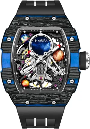 Haofa Automatic Mechanical Watch for Men - 3D Planet Interstellar Hollow Design, Carbon Fiber Bezel, Sapphire, Waterproof, Luminous - Business Casual Mens Timepiece 1971