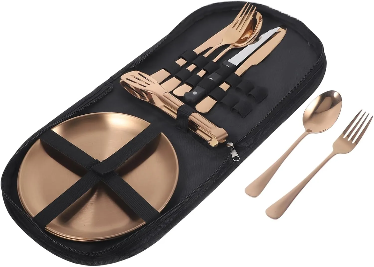Happyyami 1 Set Stainless Steel Camping Utensil Travel with Ergonomic Design Portable Storage Bag for Outdoor Dining and Picnics