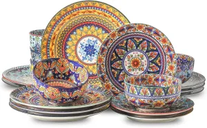 Hasense 18 Pieces Stoneware Dinnerware Sets Service for 6, Bohemian Style Plates and Bowls Set, Ceramic Vintage Tableware Dishes Set, Scratch Resistant Microwave and Dishwasher Safe, Assorted Color