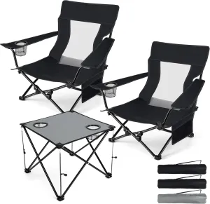 HaSteeL Folding Beach Chair Set of 3, Foldable Black Camping Chairs & Grey Table for Outside, Low Beach Chair Portable for Adults Fishing, Picnic, Outdoor BBQ, Cup Holder & Storage Bag