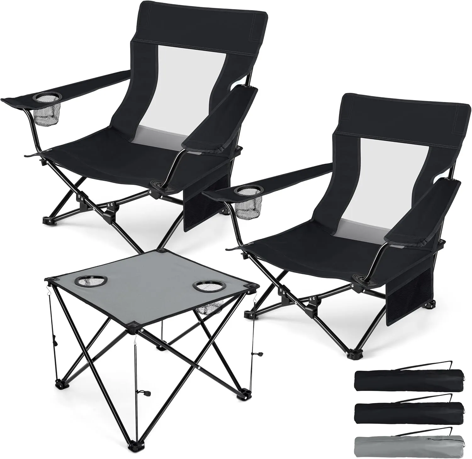 HaSteeL Folding Beach Chair Set of 3, Foldable Black Camping Chairs & Grey Table for Outside, Low Beach Chair Portable for Adults Fishing, Picnic, Outdoor BBQ, Cup Holder & Storage Bag