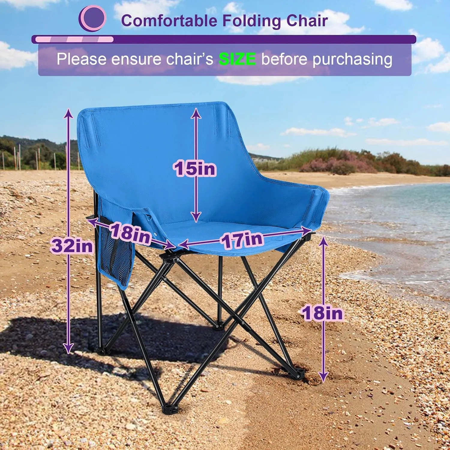 HaSteeL Folding Camping Chair, Portable Foldable Camp Chair for Adults, Comfortable 600D Oxford Fabric Collapsible Lawn Chairs for Indoor Outdoor Beach, 250lbs Weight Capacity, Storage Bag, Blue