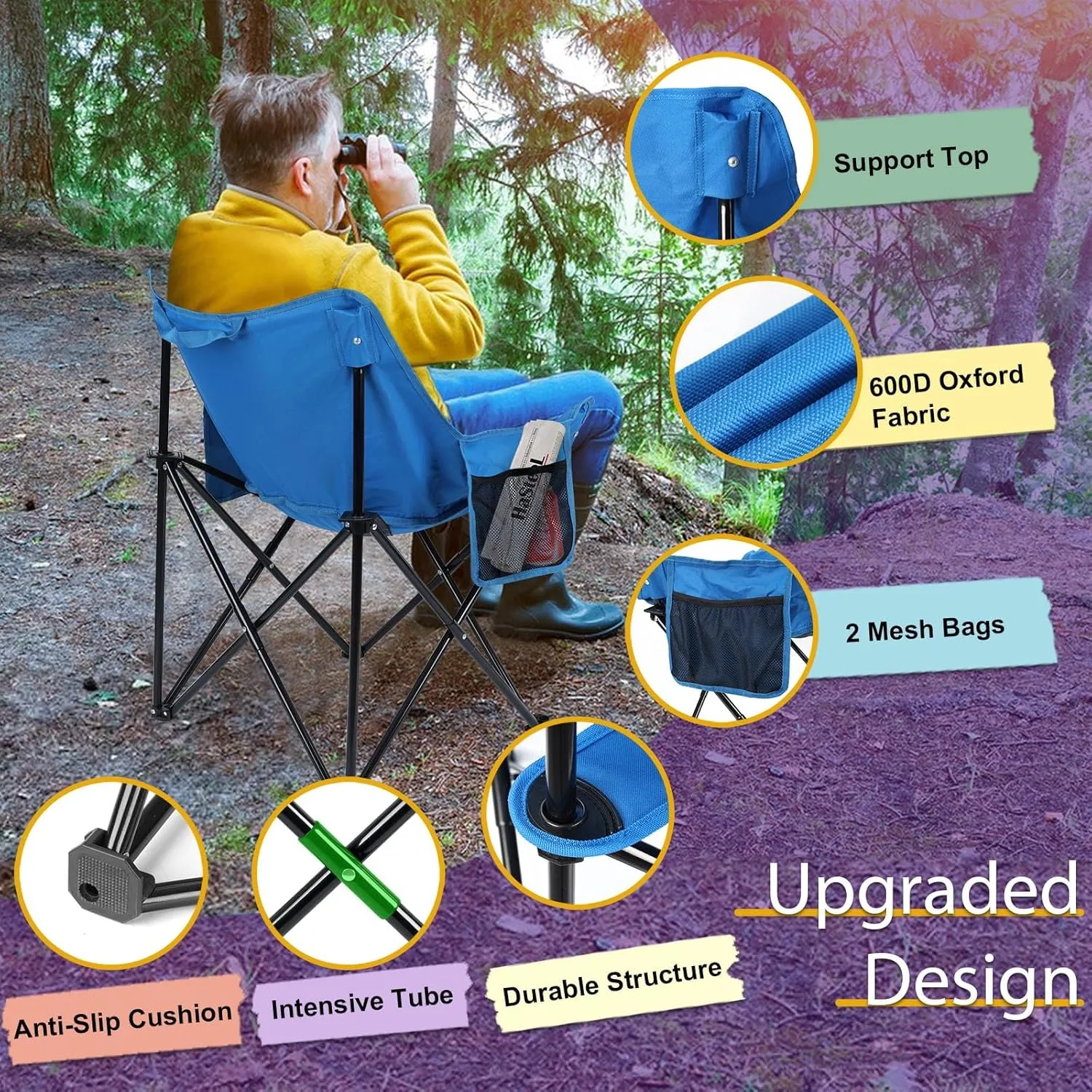 HaSteeL Folding Camping Chair, Portable Foldable Camp Chair for Adults, Comfortable 600D Oxford Fabric Collapsible Lawn Chairs for Indoor Outdoor Beach, 250lbs Weight Capacity, Storage Bag, Blue