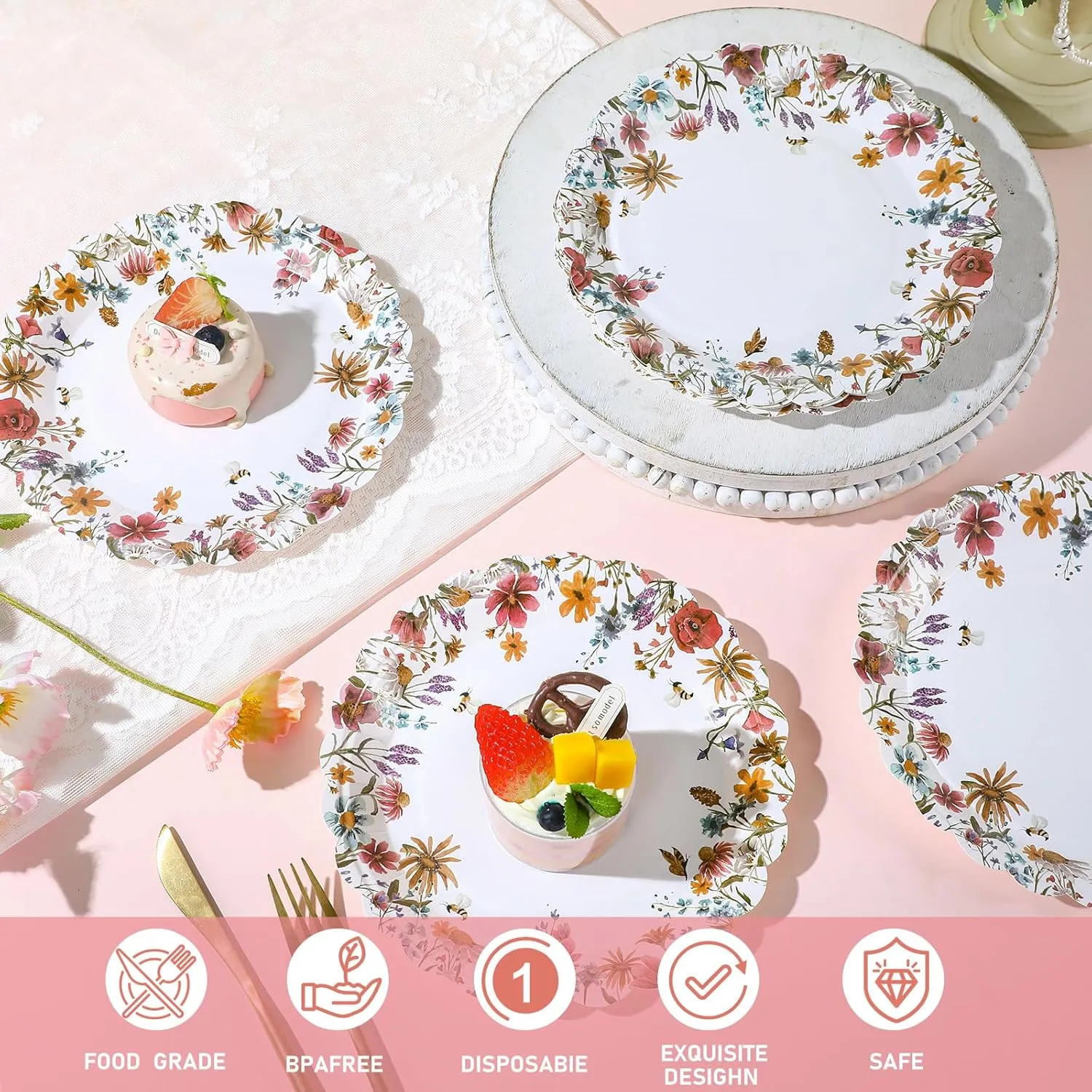 Havawish 100 Pcs Wildflower Party Supplies 9 Inch Wildflower Paper Plates Disposable Spring Summer Floral Dinner Tableware Decorations for Birthday Picnic Baby Shower Tea Party Supplies