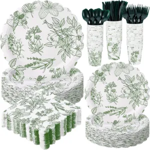 Havawish 400 Pcs Sage Green Disposable Tableware Set Greenery Floral Paper Plates Napkins Sage Serve Scalloped Plates Paper Napkins Cups Plastic Spoons Forks Knives for Wedding Tea Party Baby Shower