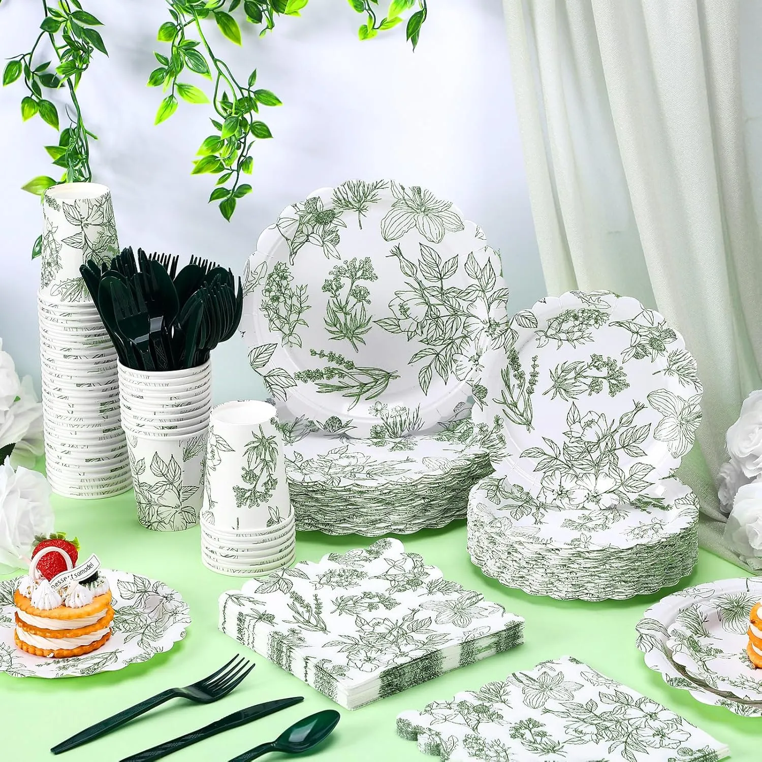 Havawish 400 Pcs Sage Green Disposable Tableware Set Greenery Floral Paper Plates Napkins Sage Serve Scalloped Plates Paper Napkins Cups Plastic Spoons Forks Knives for Wedding Tea Party Baby Shower