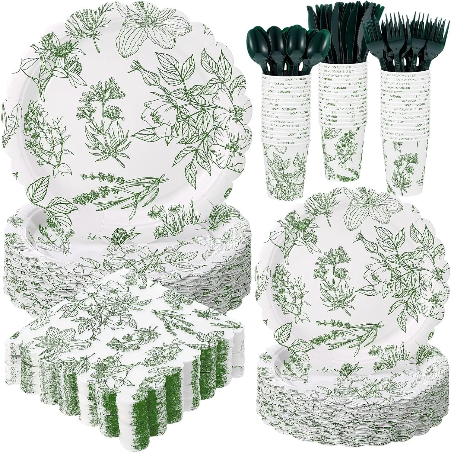 Havawish 400 Pcs Sage Green Disposable Tableware Set Greenery Floral Paper Plates Napkins Sage Serve Scalloped Plates Paper Napkins Cups Plastic Spoons Forks Knives for Wedding Tea Party Baby Shower