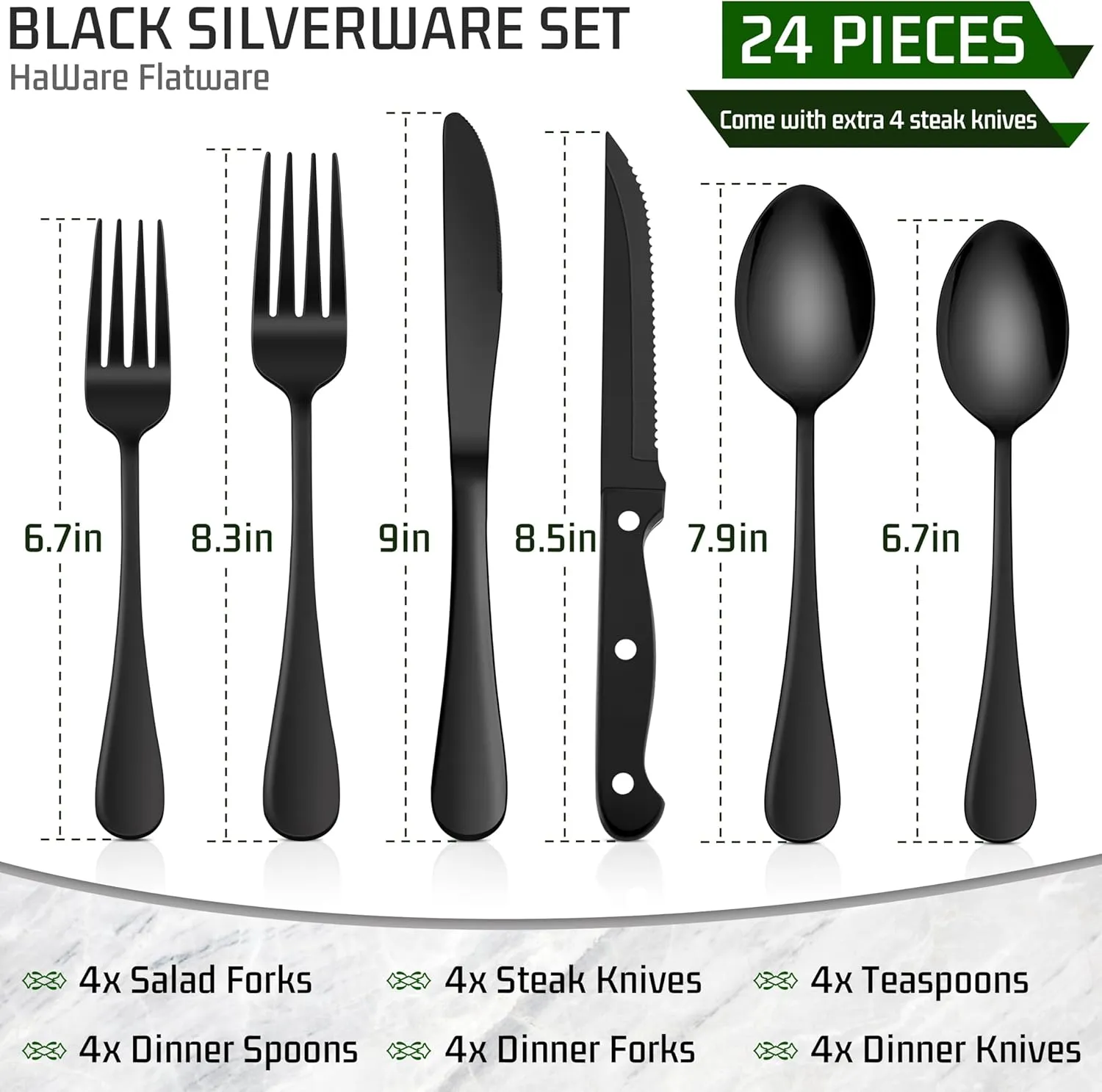 HaWare 24-Piece Black Silverware Set with Steak Knives, Stainless Steel Cutlery Set, Food Grade Flatware Set Service for 4, Mirror Finished Tableware for Home Restaurant, Include Knives, Forks, Spoons