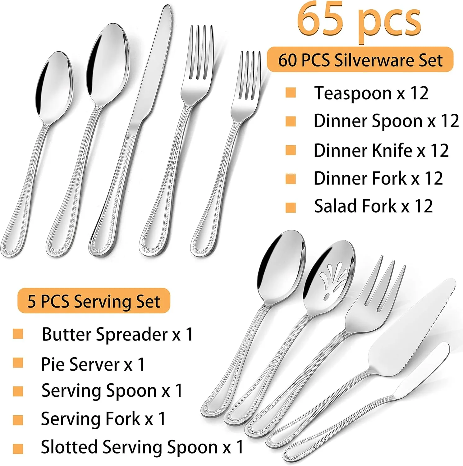 HaWare 65-Piece Silverware Set with Serving Utensils, Stainless Steel Flatware Service for 12, Pearled Edge Tableware Cutlery for Home Restaurant Party, Mirror Polished, Dishwasher Safe