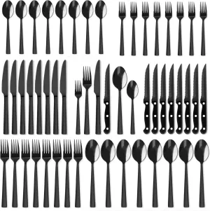 HaWare Black Silverware Set with Steak Knives, 48-Piece Stainless Steel Square Flatware for 8, Tableware Cutlery Includes Knives/Forks/Spoons, Modern & Elegant Design, Mirror Polished