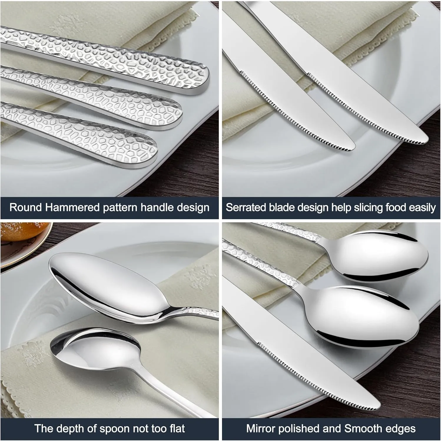 HaWare Hammered Silverware Set, 40-Piece Stainless Steel Flatware Set Serving for 8, Food-Grade Tableware Cutlery Set, Durable Eating Utensil Sets for Home Restaurant, Mirror Polish, Dishwasher Safe