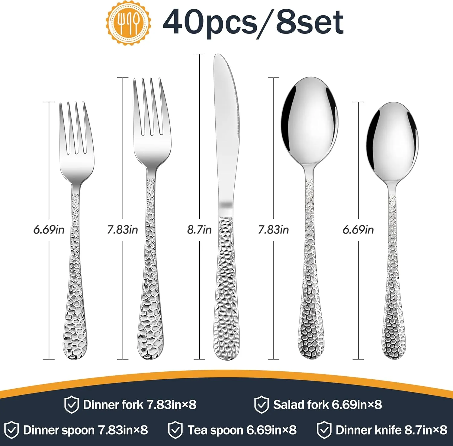 HaWare Hammered Silverware Set, 40-Piece Stainless Steel Flatware Set Serving for 8, Food-Grade Tableware Cutlery Set, Durable Eating Utensil Sets for Home Restaurant, Mirror Polish, Dishwasher Safe
