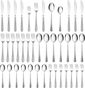 HaWare Hammered Silverware Set, 40-Piece Stainless Steel Flatware Set Serving for 8, Food-Grade Tableware Cutlery Set, Durable Eating Utensil Sets for Home Restaurant, Mirror Polish, Dishwasher Safe