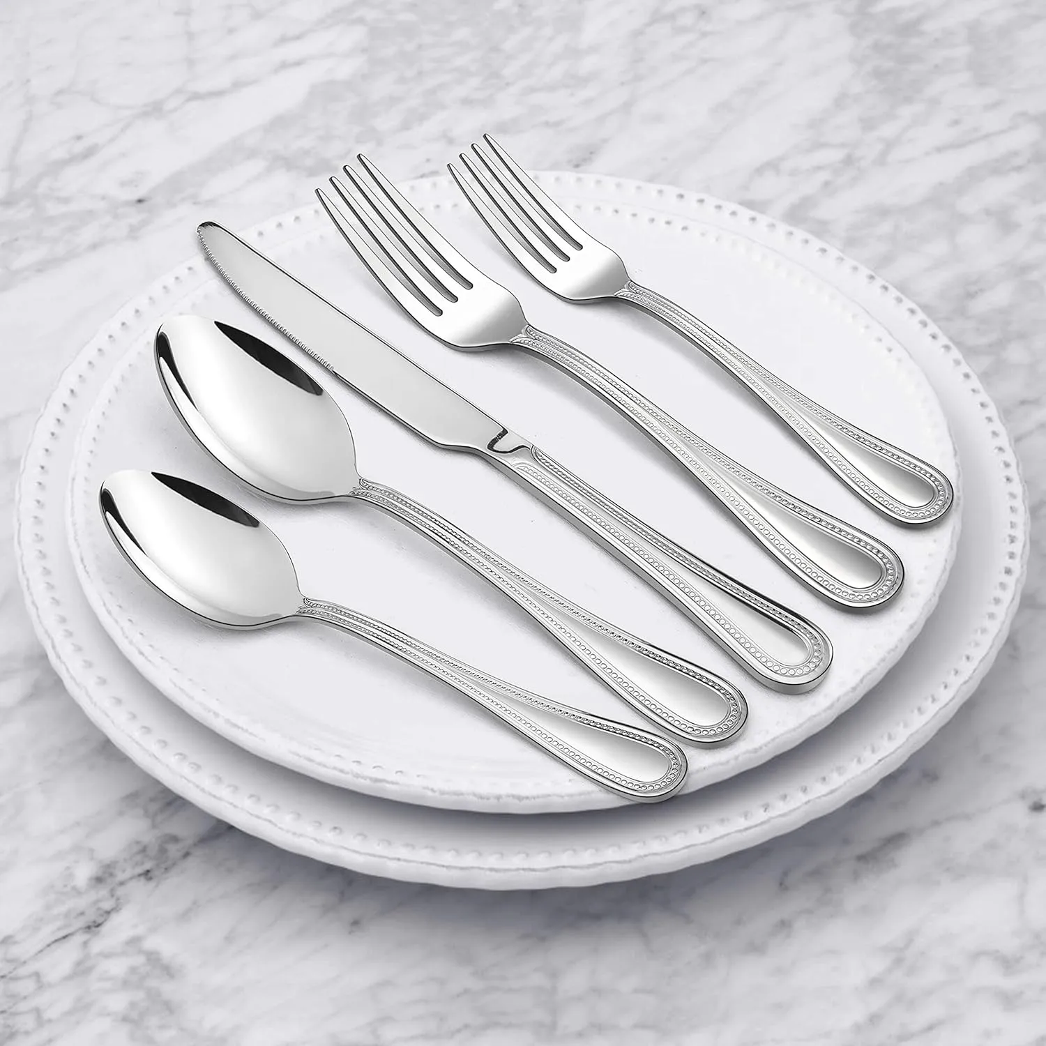 HaWare Silverware Set, 60-Piece Stainless Steel Flatware Service for 12, Pearled Edge Tableware Cutlery Include Knife/Fork/Spoon, Beading Eating Utensil for Home, Mirror Polished, Dishwasher Safe