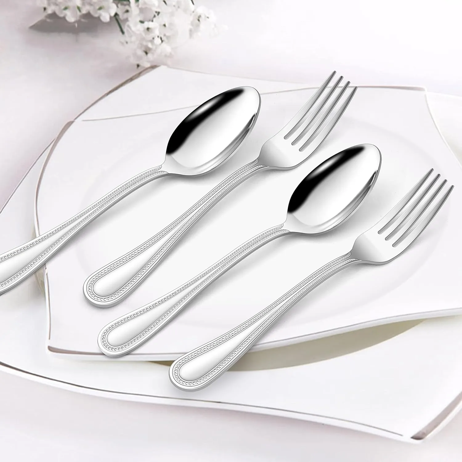 HaWare Silverware Set, 60-Piece Stainless Steel Flatware Service for 12, Pearled Edge Tableware Cutlery Include Knife/Fork/Spoon, Beading Eating Utensil for Home, Mirror Polished, Dishwasher Safe