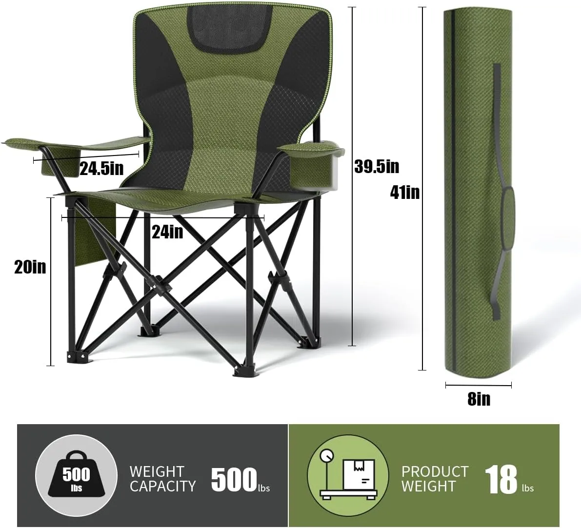 Heavy Duty Folding Chair 500LB Capacity, Oversized Camping Chairs with Cup Holder, Cooler Bag & Storage Pouch, Double-Layer Fabric, Outdoor Chairs for Sports, Lawn Chairs (1, Black Green, Extra Large)