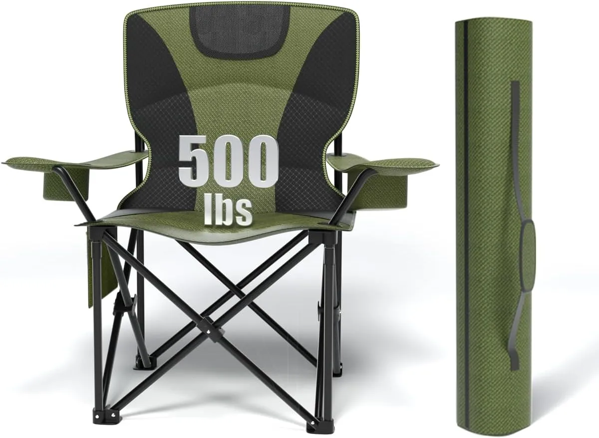 Heavy Duty Folding Chair 500LB Capacity, Oversized Camping Chairs with Cup Holder, Cooler Bag & Storage Pouch, Double-Layer Fabric, Outdoor Chairs for Sports, Lawn Chairs (1, Black Green, Extra Large)