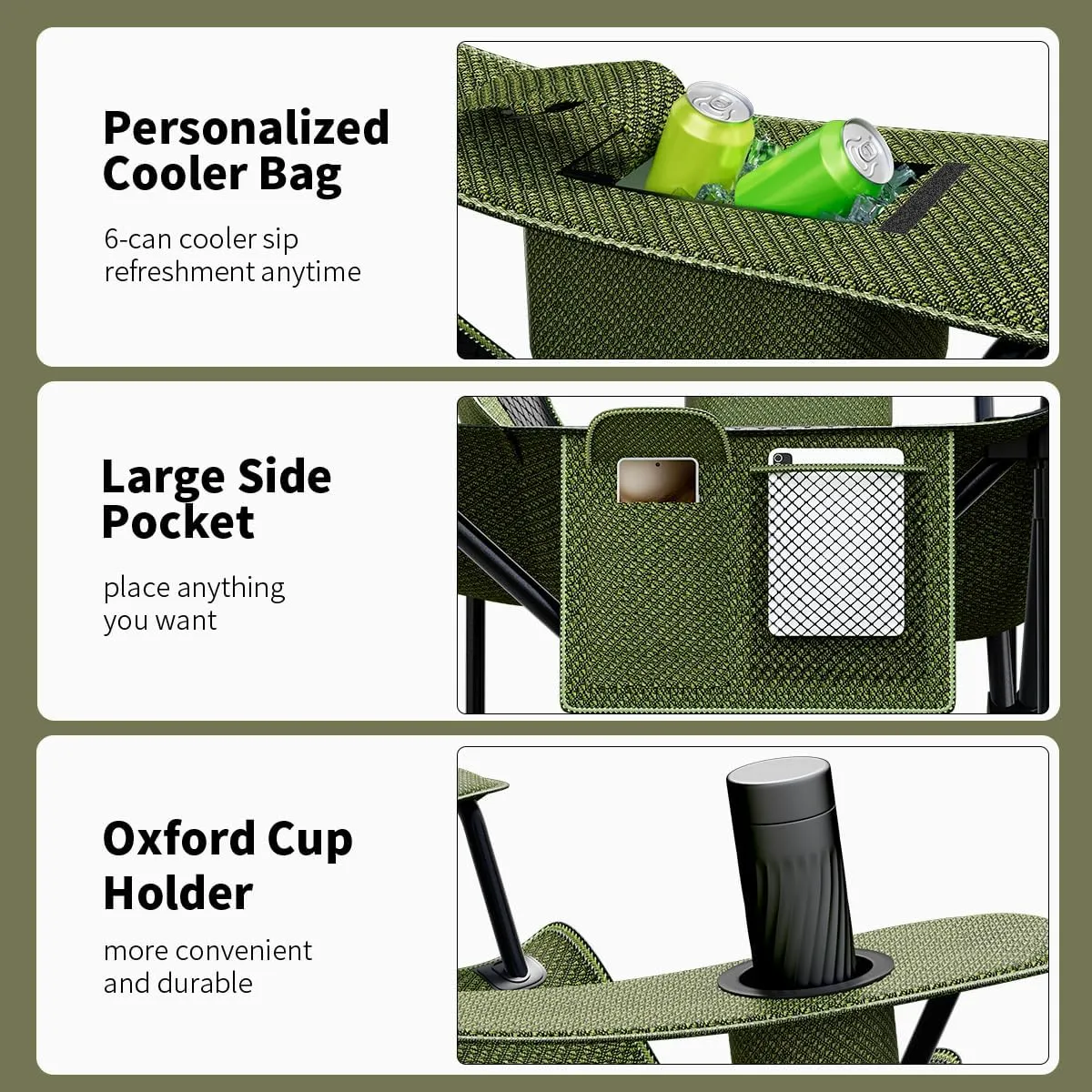 Heavy Duty Folding Chair 500LB Capacity, Oversized Camping Chairs with Cup Holder, Cooler Bag & Storage Pouch, Double-Layer Fabric, Outdoor Chairs for Sports, Lawn Chairs (1, Black Green, Extra Large)