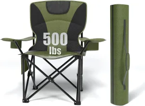 Heavy Duty Folding Chair 500LB Capacity, Oversized Camping Chairs with Cup Holder, Cooler Bag & Storage Pouch, Double-Layer Fabric, Outdoor Chairs for Sports, Lawn Chairs (1, Black Green, Extra Large)
