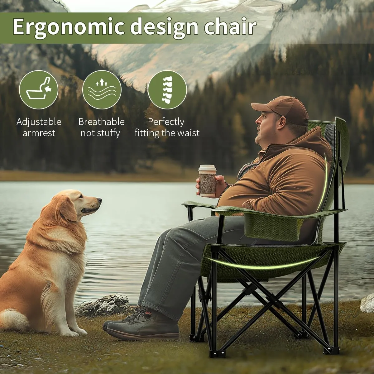 Heavy Duty Folding Chair 500LB Capacity, Oversized Camping Chairs with Cup Holder, Cooler Bag & Storage Pouch, Double-Layer Fabric, Outdoor Chairs for Sports, Lawn Chairs (1, Black Green, Extra Large)