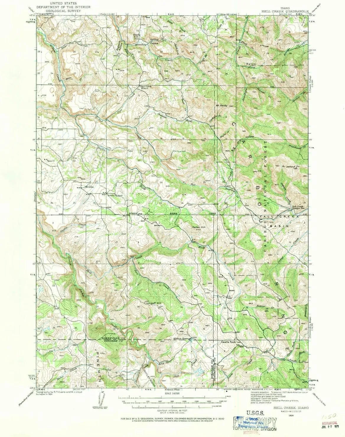 Hell Creek ID topo map, 1:62500 Scale, 15 X 15 Minute, Historical, 1924, Updated 1971, 20.8 x 17 in