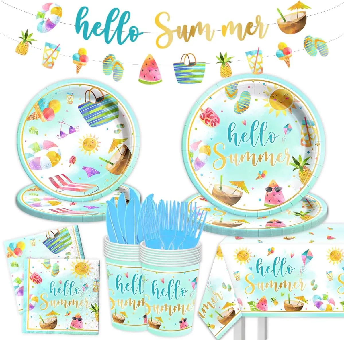 Hello Summer Party Decorations-143Pcs Beach Pool Party Paper Plates and Napkins Set Swimming Luca Themed Tableware Summer Party Supplies for Kids Birthday