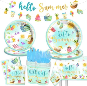 Hello Summer Party Decorations-143Pcs Beach Pool Party Paper Plates and Napkins Set Swimming Luca Themed Tableware Summer Party Supplies for Kids Birthday