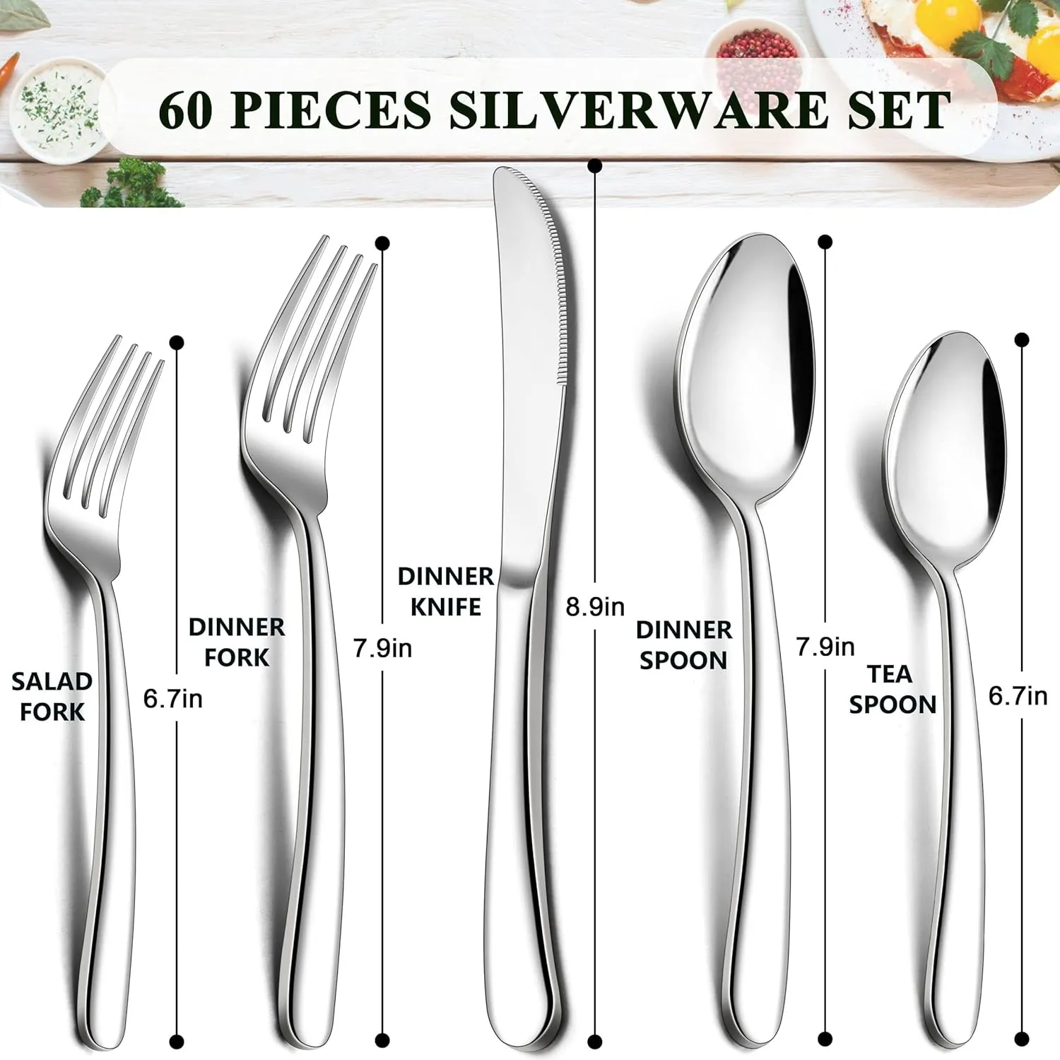 Herogo Heavy Duty Stainless Steel Silverware Set, 60-Piece Fancy Flatware Cutlery Set for 12, Modern Tableware for Home Restaurant Wedding, Heavy Eating Utensils, Mirror Polished, Dishwasher Safe