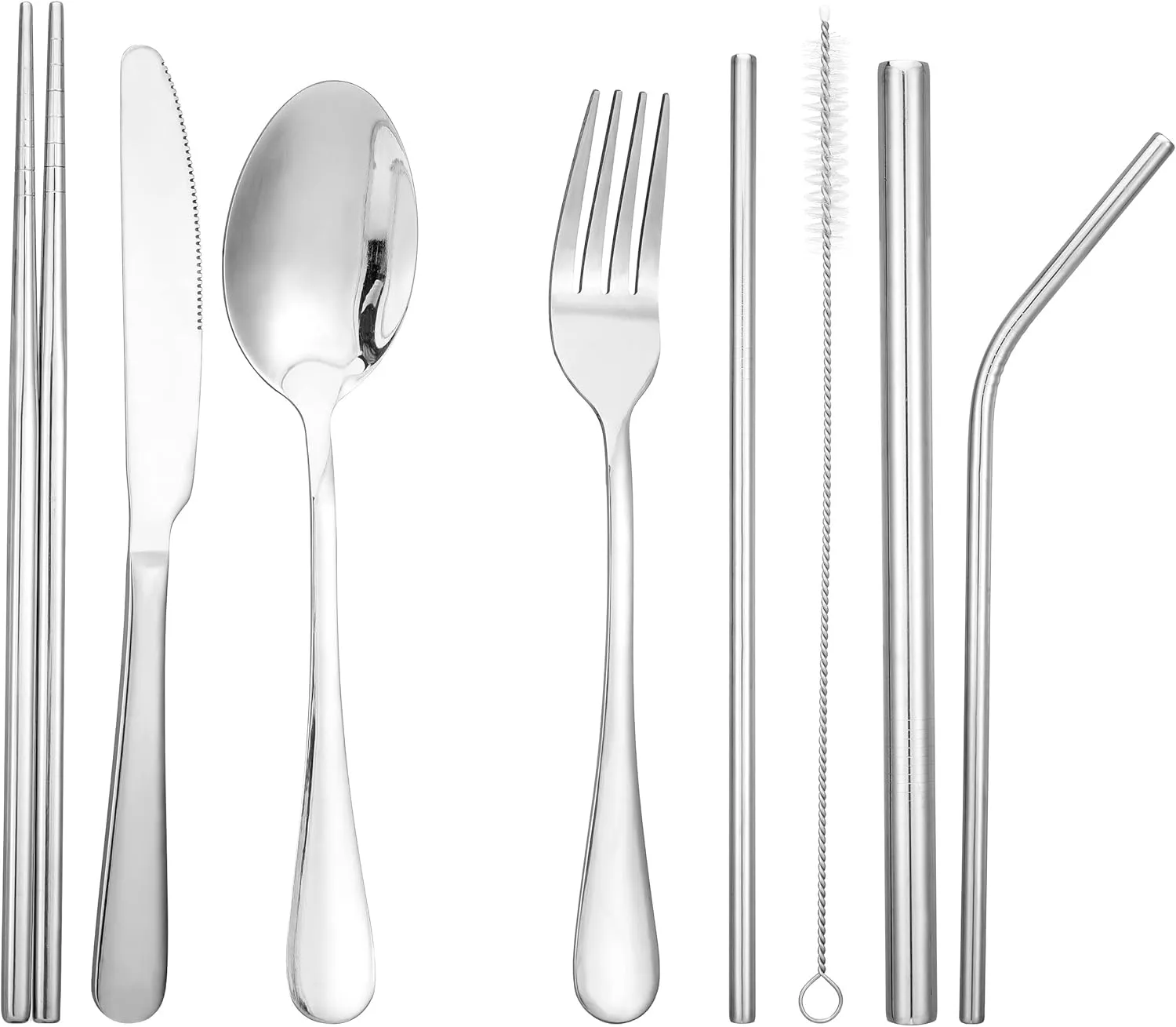 High Grade Stainless Steel Portable Tableware Set, Perfect for Traveling, Camping, Hotel, Household, Including Table Knife, Fork, Spoon, Straw, Straw Brush, and Chopsticks, 9Pieces Silver