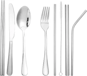 High Grade Stainless Steel Portable Tableware Set, Perfect for Traveling, Camping, Hotel, Household, Including Table Knife, Fork, Spoon, Straw, Straw Brush, and Chopsticks, 9Pieces Silver