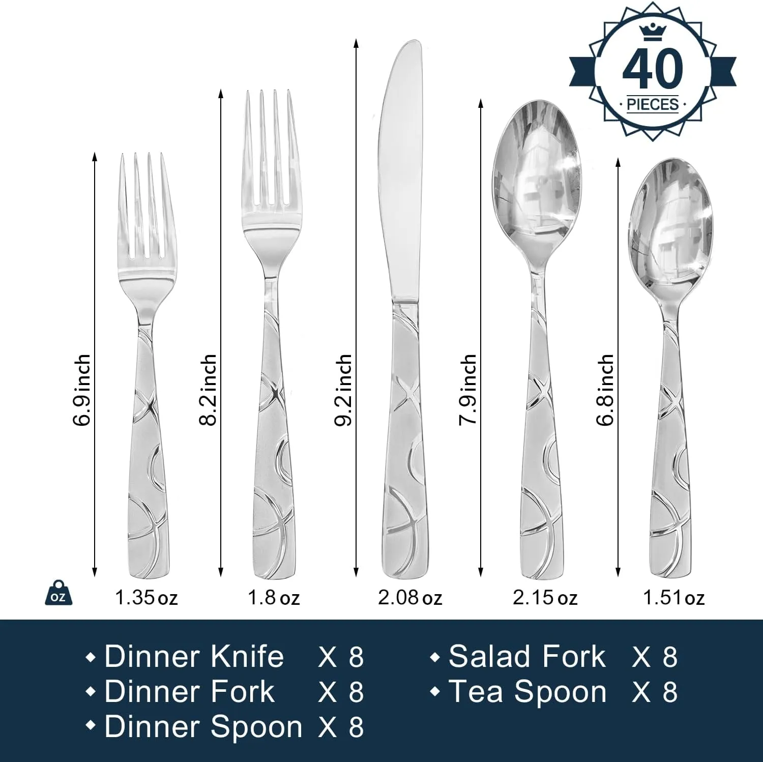 HIKAA 40PCS Stainless Steel Silverware Set, Modern Flatware Set for Kitchen, Mirror Polished Cutlery Set with Forks, Spoons and Knives，Dishwasher Safe
