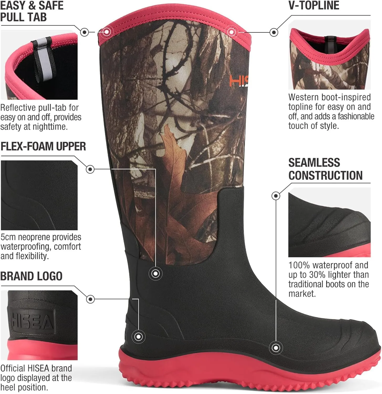 HISEA Women's Neoprene Tall Rain Boots Waterproof Garden Boots Wellington Rubber Boots
