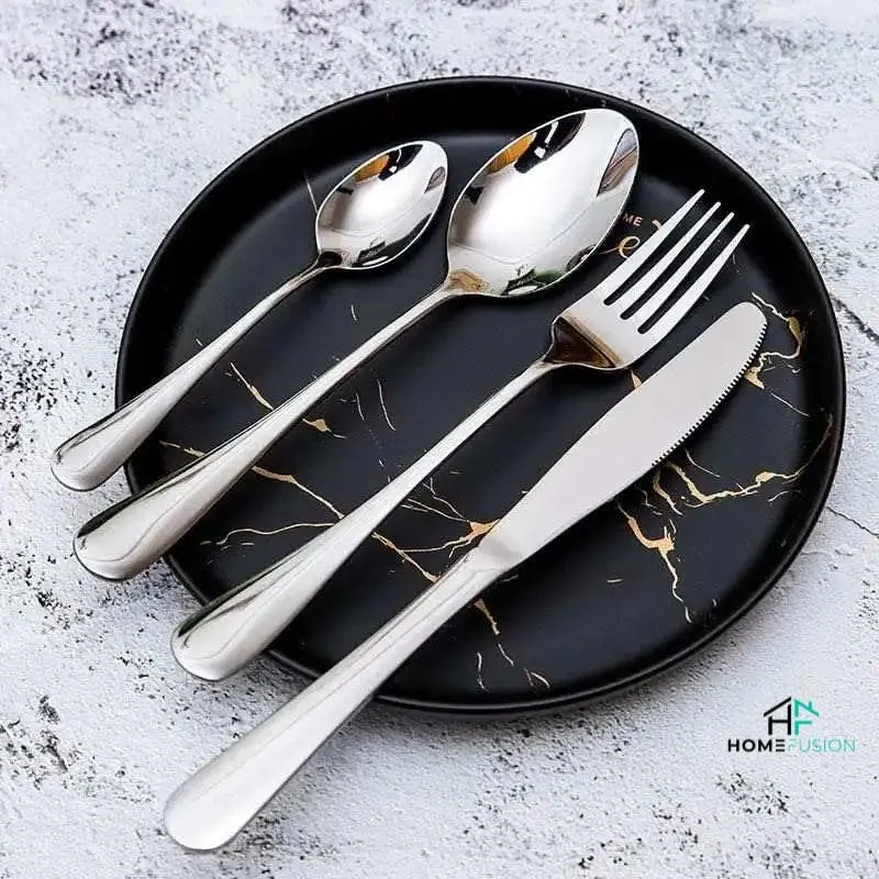 Home Fusion | Silver Cutlery Set | Cutlery Set with Holder, 24 pcs Stainless Steel Knives and Forks and Spoons | Cutlery Set Service for 6, Tableware Cutlery Set, Silver Flatware Set with Holder