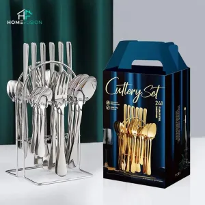 Home Fusion | Silver Cutlery Set | Cutlery Set with Holder, 24 pcs Stainless Steel Knives and Forks and Spoons | Cutlery Set Service for 6, Tableware Cutlery Set, Silver Flatware Set with Holder