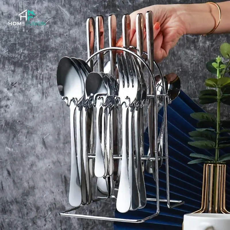 Home Fusion | Silver Cutlery Set | Cutlery Set with Holder, 24 pcs Stainless Steel Knives and Forks and Spoons | Cutlery Set Service for 6, Tableware Cutlery Set, Silver Flatware Set with Holder