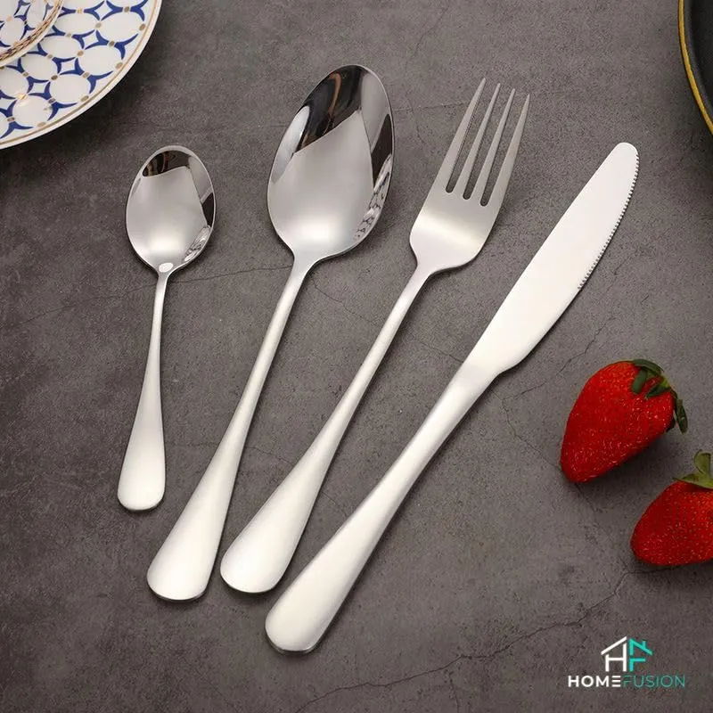 Home Fusion | Silver Cutlery Set | Cutlery Set with Holder, 24 pcs Stainless Steel Knives and Forks and Spoons | Cutlery Set Service for 6, Tableware Cutlery Set, Silver Flatware Set with Holder