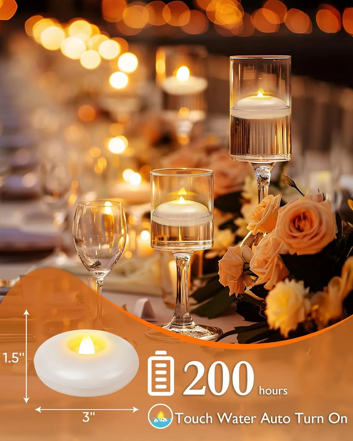 Homemory 12 Pack 3” Flameless Led Floating Candles, 200 Hour White Battery Operate Waterproof Tealights for Cylinder Vases, Centerpieces at Wedding Decor, Party, Pool