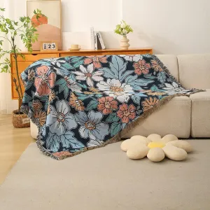 Homesy Blue Floral American Pastoral Style Throw Blanket Modern Flowers Throw Blanket with Tassel for Home Couch Beach Picnic Outdoor Camping 51"x63"