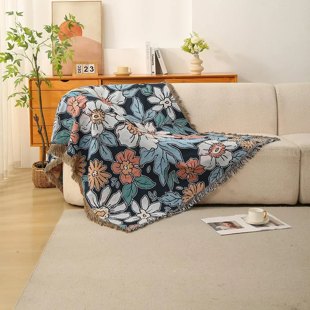 Homesy Blue Floral American Pastoral Style Throw Blanket Modern Flowers Throw Blanket with Tassel for Home Couch Beach Picnic Outdoor Camping 51"x63"