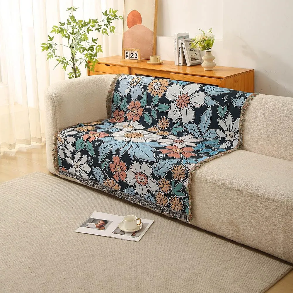Homesy Blue Floral American Pastoral Style Throw Blanket Modern Flowers Throw Blanket with Tassel for Home Couch Beach Picnic Outdoor Camping 51"x63"